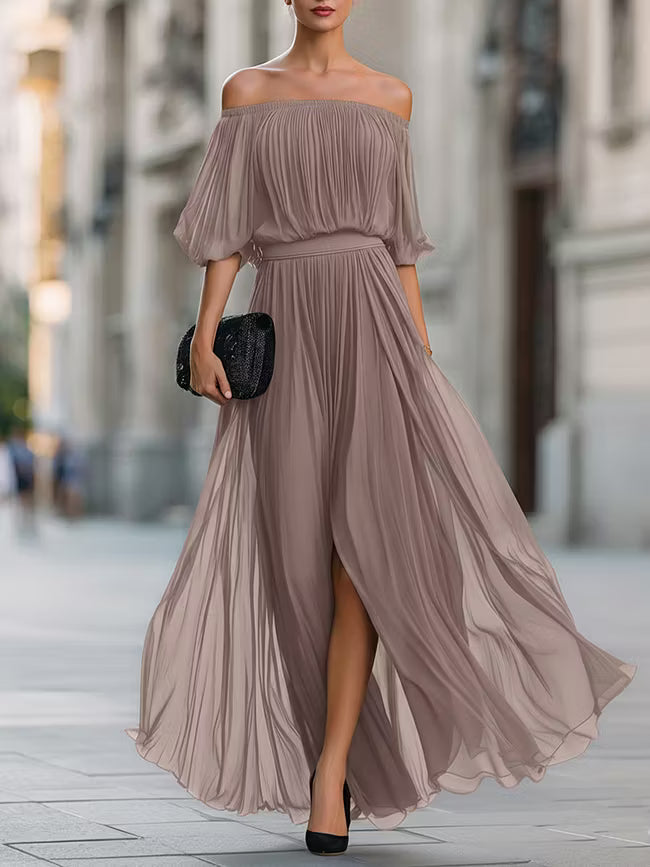 Victoria | Abito Maxi in Chiffon Plissettato con Spalle Scoperte