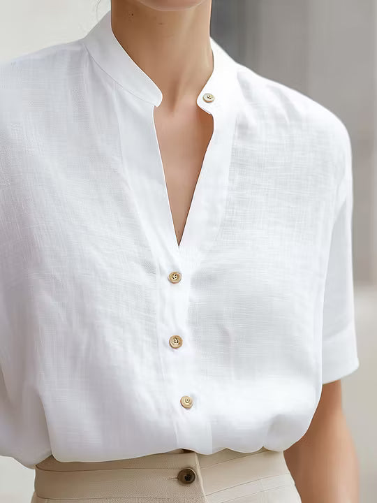 Blusa Bianca in Mistura di Lino con Collo Stand e Maniche Corte