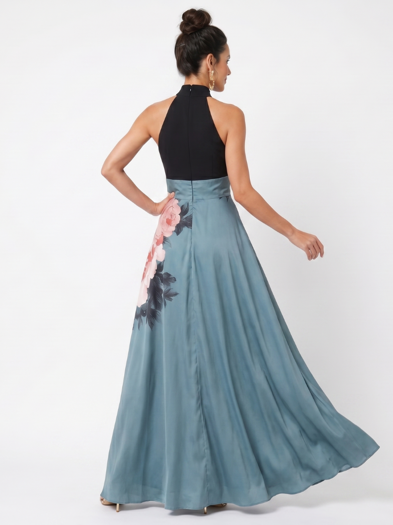 Abito Maxi con Corpetto a Halter e Gonna Floreale Olympas™