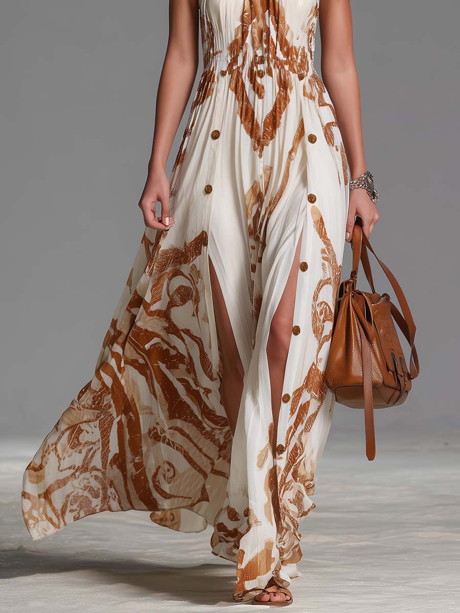 Beatrice ¦ Abito lungo vintage bohemiano con scollo a halterneck, stampa western marrone su chiffon avorio, con spacchi