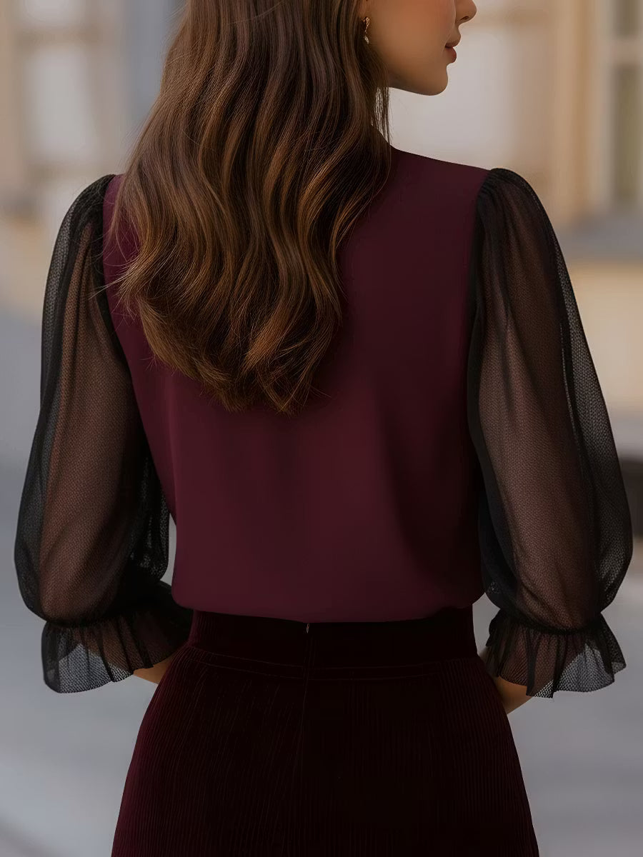 Valora - Blusa con Maniche a Palloncino Trasparenti e Bottoni