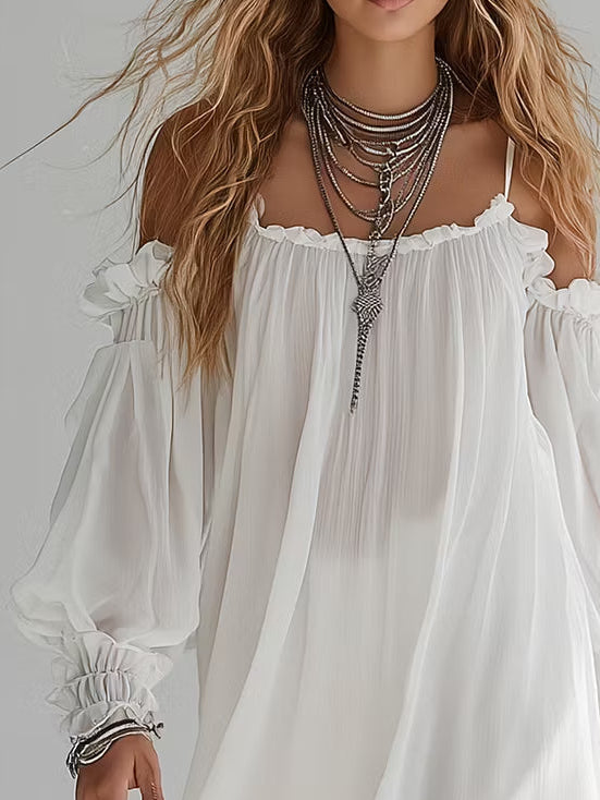Romane | Mini Abito Fluttuante Bohemien, Spalle Scoperte