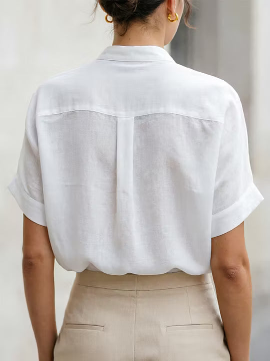 Blusa Bianca in Mistura di Lino con Collo Stand e Maniche Corte