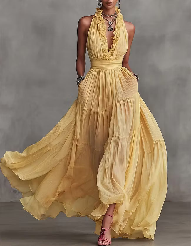 Isabella | Abito Maxi Plissettato con Collo All'Americana