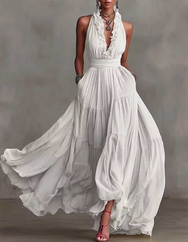 Isabella | Abito Maxi Plissettato con Collo All'Americana