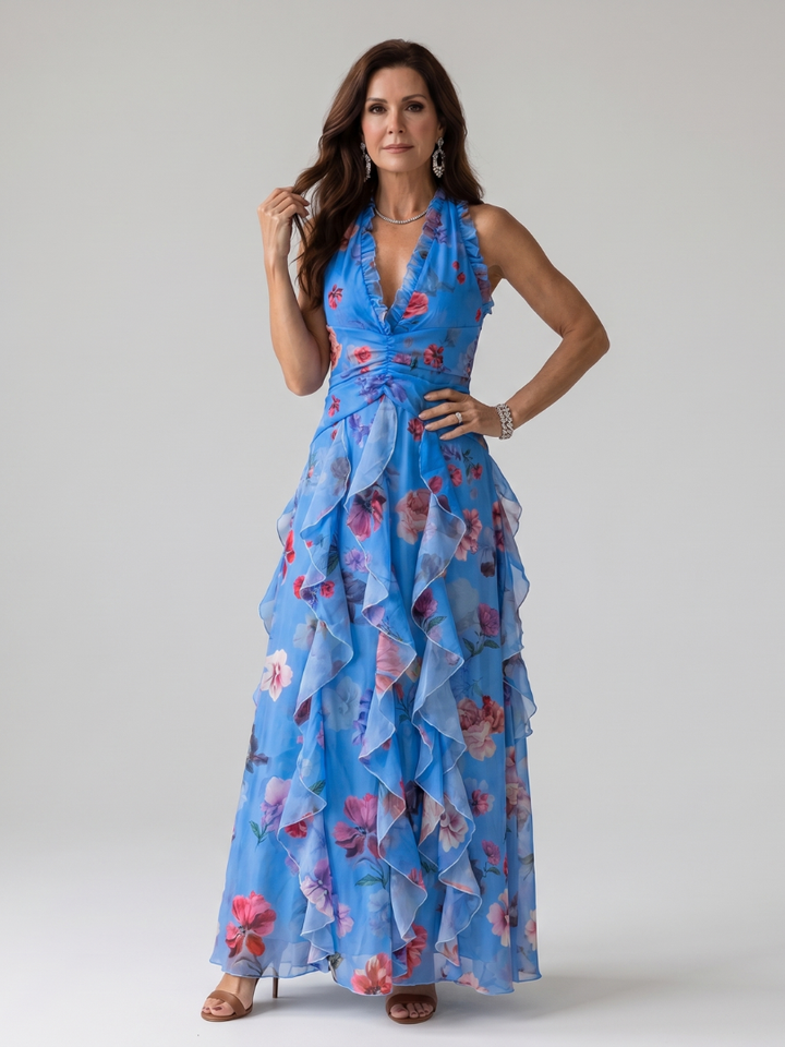 Nori™ Abito Maxy a Fiori con Scollo Halter e Corpino Arricciato