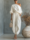 Set in Lino Bianco Sporco da Donna con Top Off-Shoulder e Pantaloni Tapered