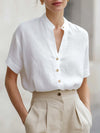 Blusa Bianca in Mistura di Lino con Collo Stand e Maniche Corte