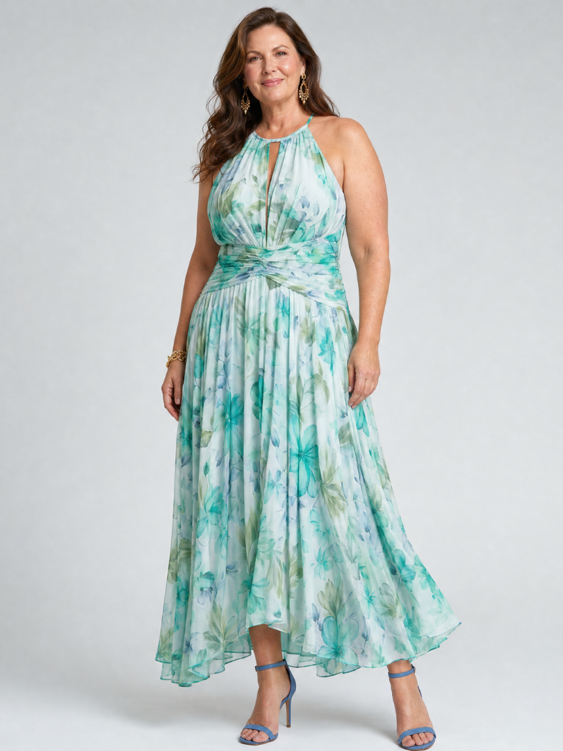 Vestito Midi Portia™ con Scollo Halter e Motivo Floreale Pieghettato