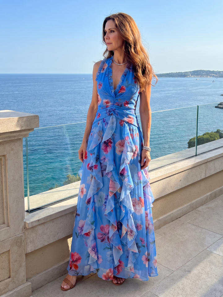 Nori™ Abito Maxy a Fiori con Scollo Halter e Corpino Arricciato