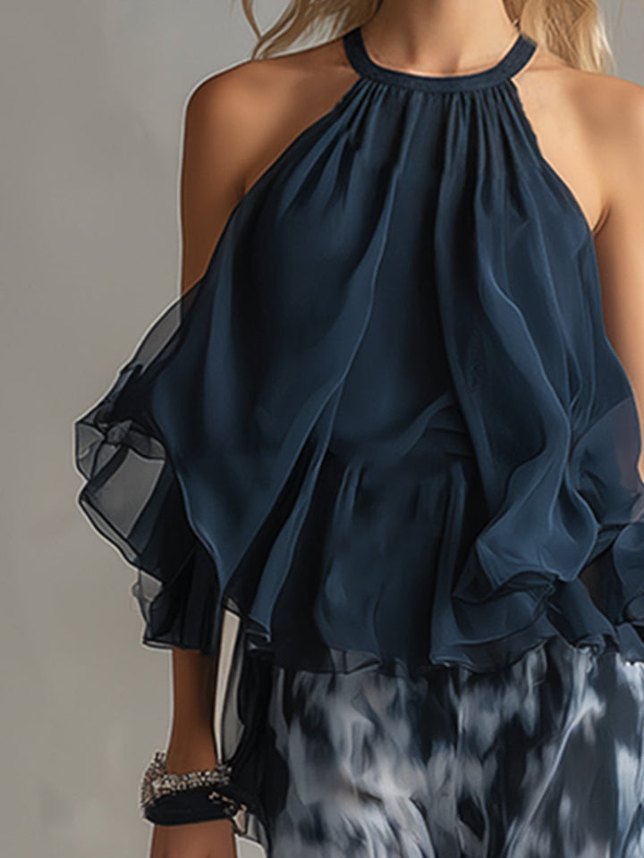 Ludovica – Set elegante in chiffon con top a collo alto e pantaloni larghi stampati