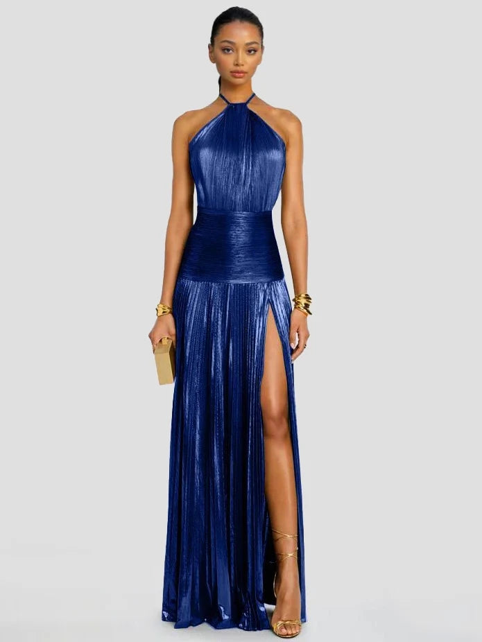 Elegante Abito Maxi Plissettato Metallizzato con Scollo Halter