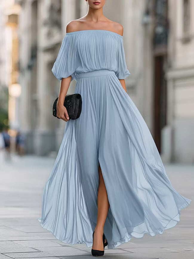 Victoria | Abito Maxi in Chiffon Plissettato con Spalle Scoperte