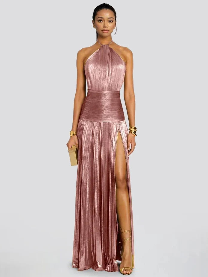 Elegante Abito Maxi Plissettato Metallizzato con Scollo Halter