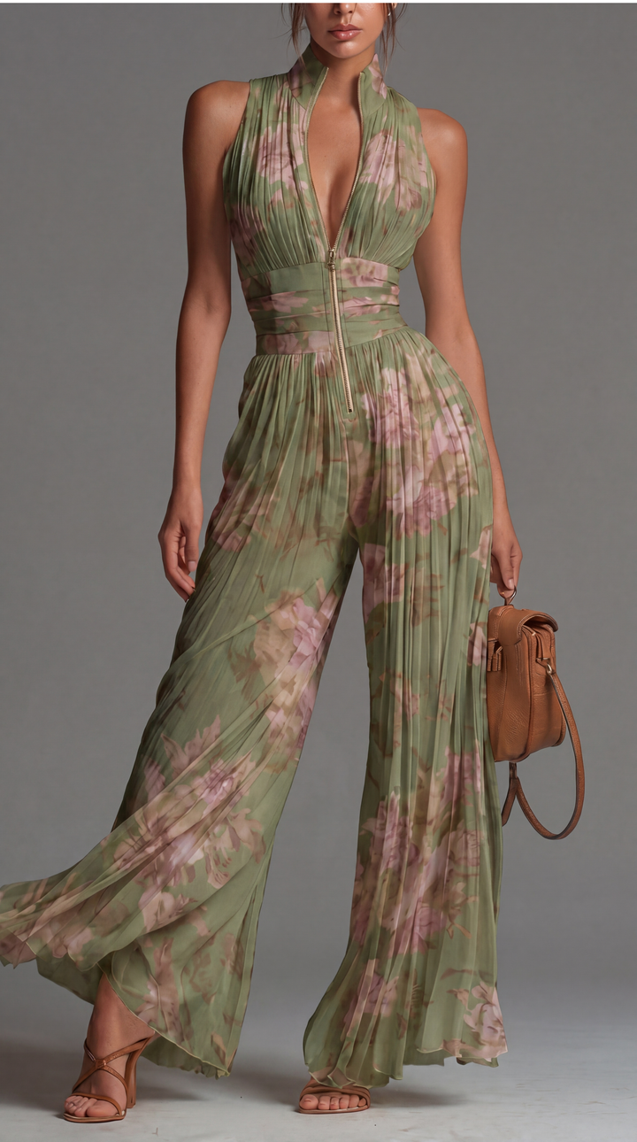 Tuta in Chiffon Plissè con Fantasia Floreale