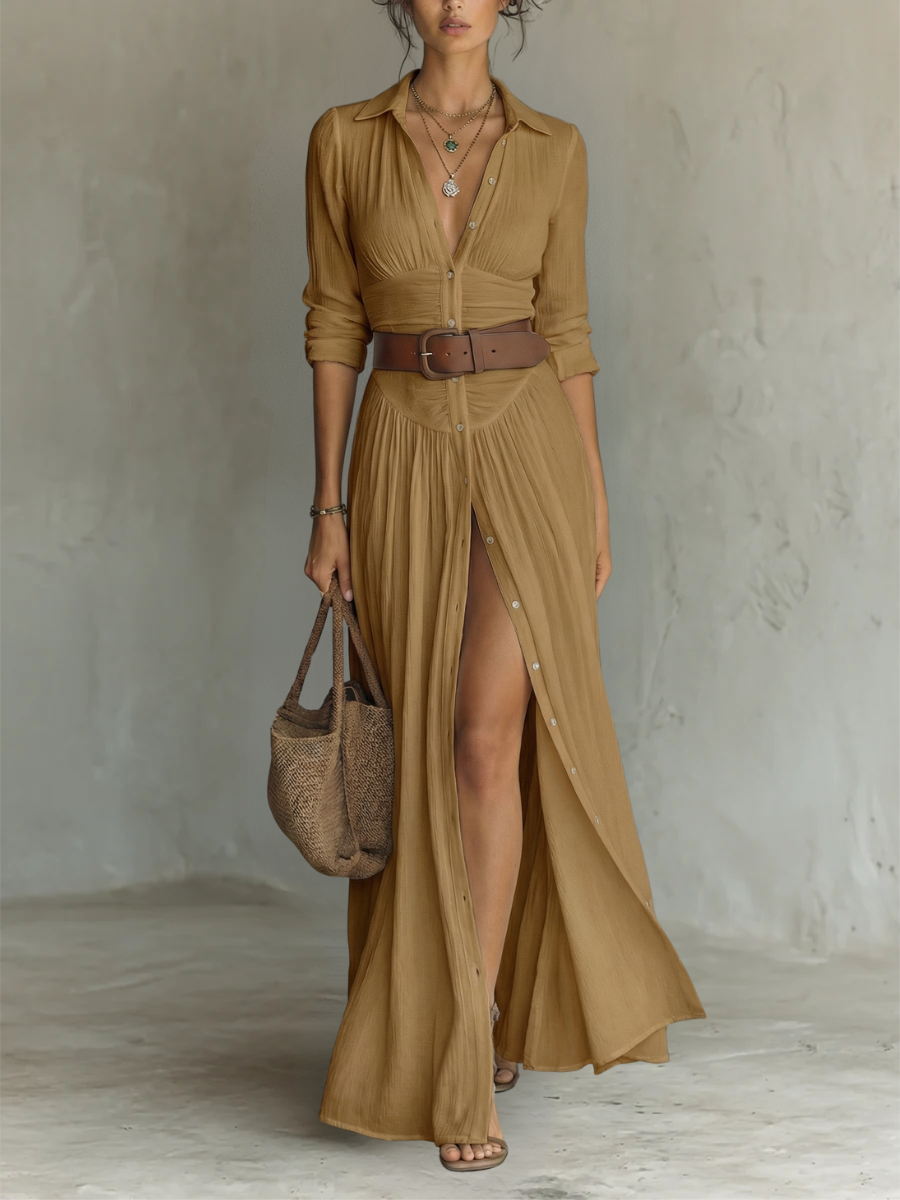Abito Maxi Lungo con Collo a V e Maniche Lunghe per Donne