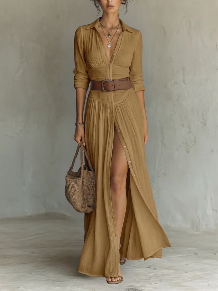 Abito Maxi Lungo con Collo a V e Maniche Lunghe per Donne
