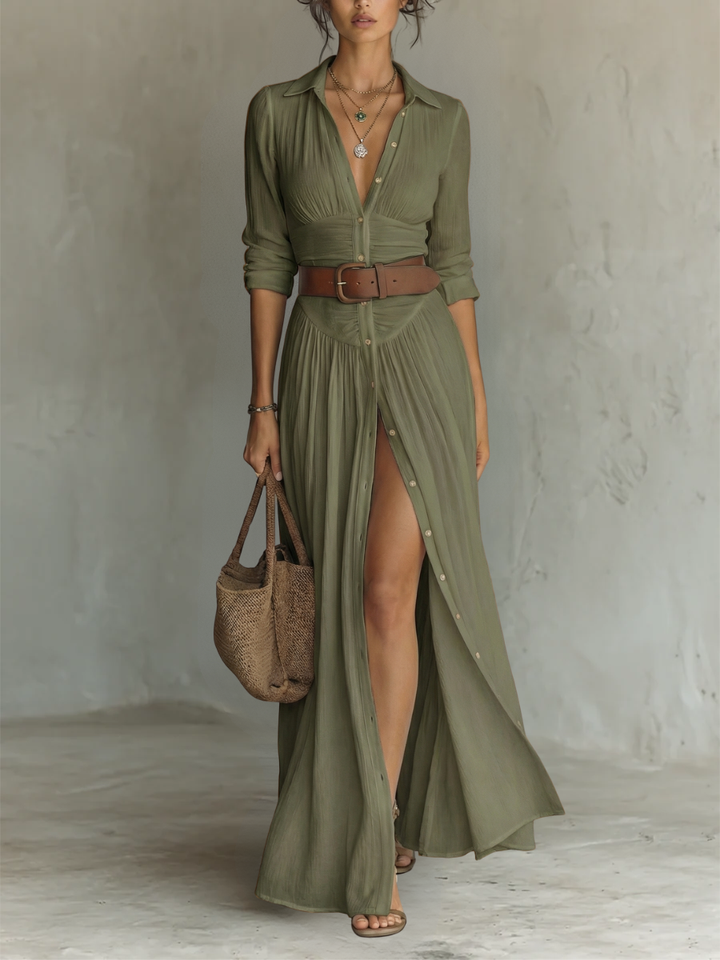 Abito Maxi Lungo con Collo a V e Maniche Lunghe per Donne