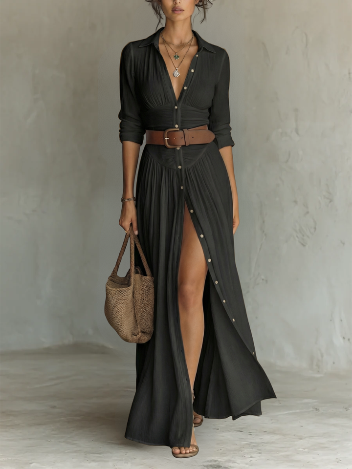 Abito Maxi Lungo con Collo a V e Maniche Lunghe per Donne