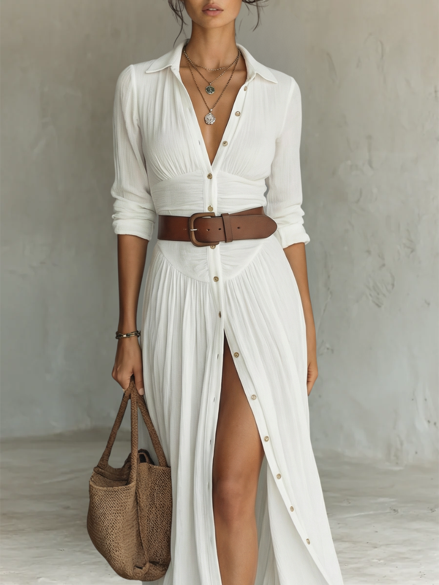 Abito Maxi Lungo con Collo a V e Maniche Lunghe per Donne