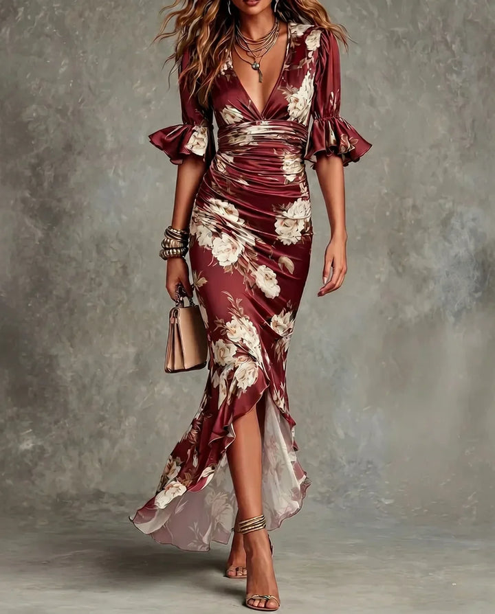 Abito Maxi in Satin Floreale con Orlo a Volant