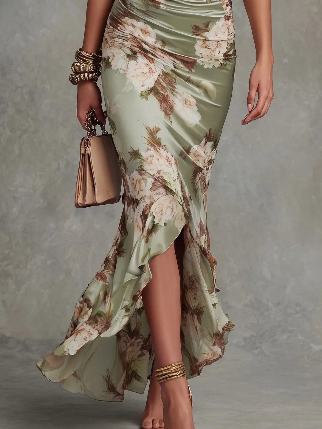 Abito Maxi in Satin Floreale con Orlo a Volant