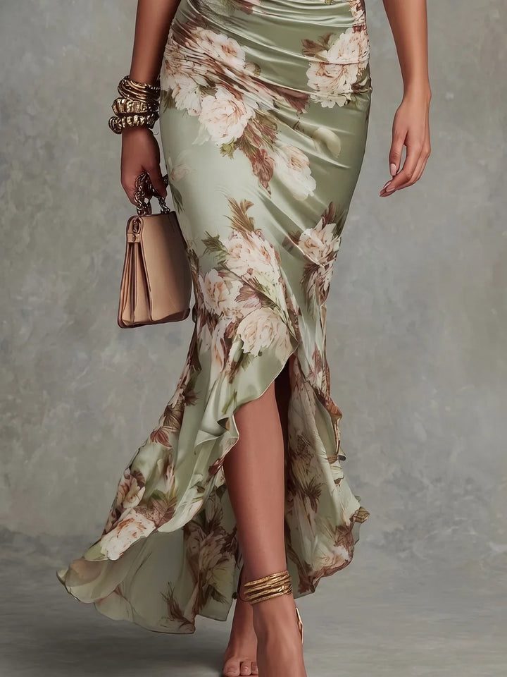 Abito Maxi in Satin Floreale con Orlo a Volant