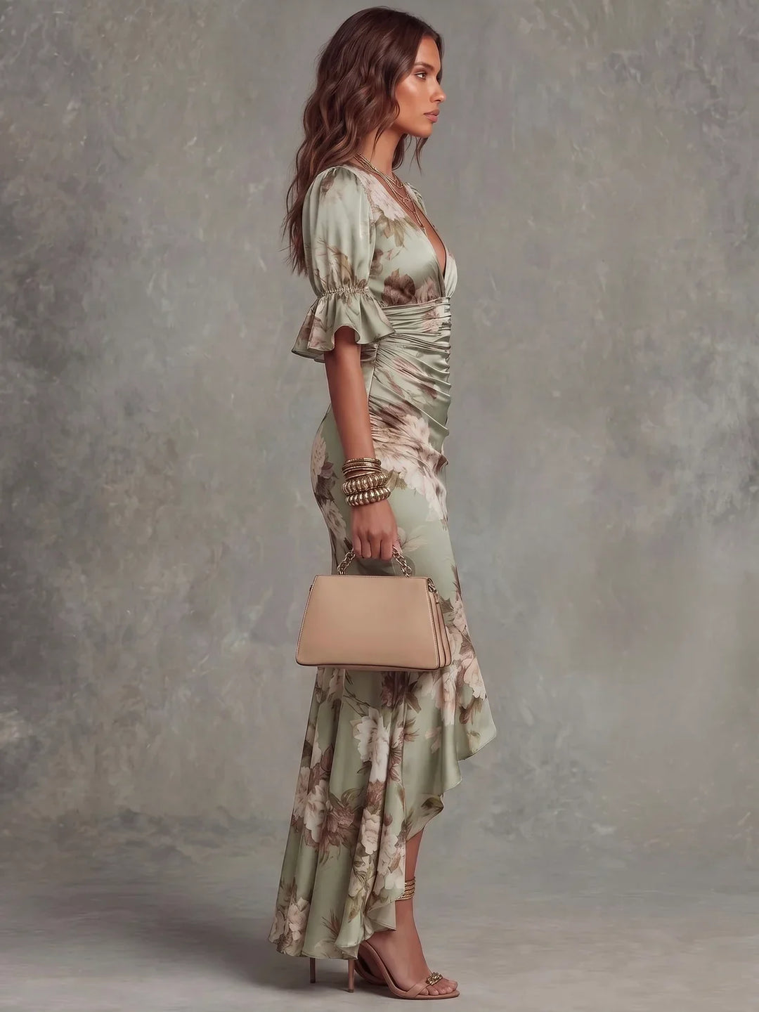 Abito Maxi in Satin Floreale con Orlo a Volant