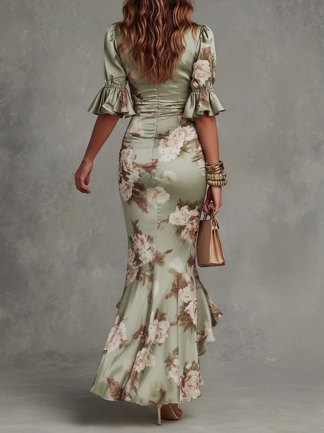 Abito Maxi in Satin Floreale con Orlo a Volant