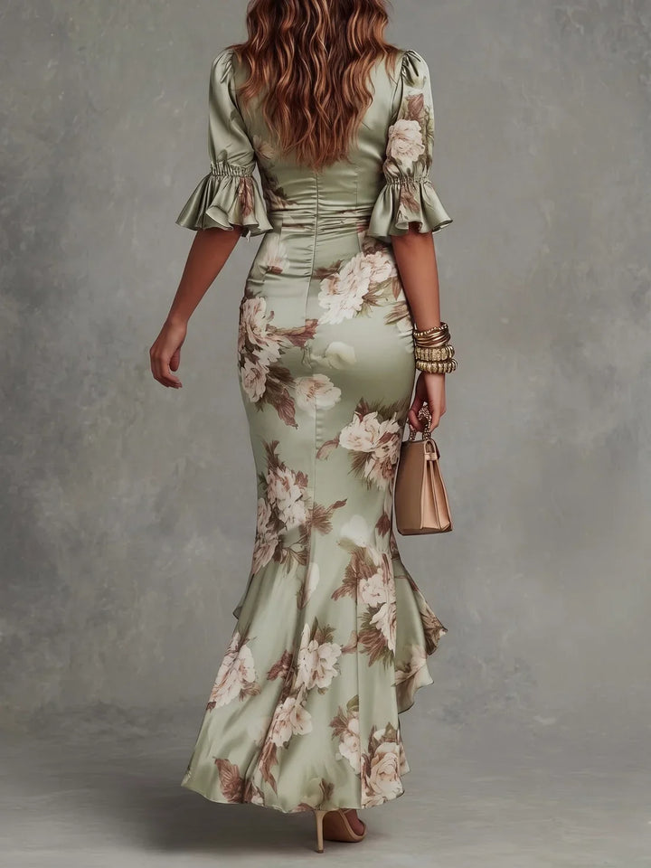 Abito Maxi in Satin Floreale con Orlo a Volant
