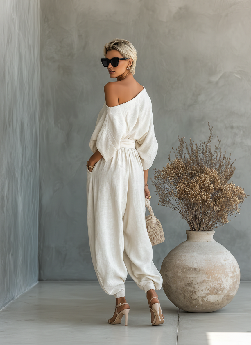 Set in Lino Bianco Sporco da Donna con Top Off-Shoulder e Pantaloni Tapered