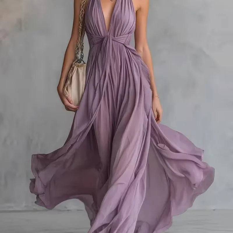 LILAC | Abito Maxi Viola Halter Drappeggiato Elegante Stile Serale