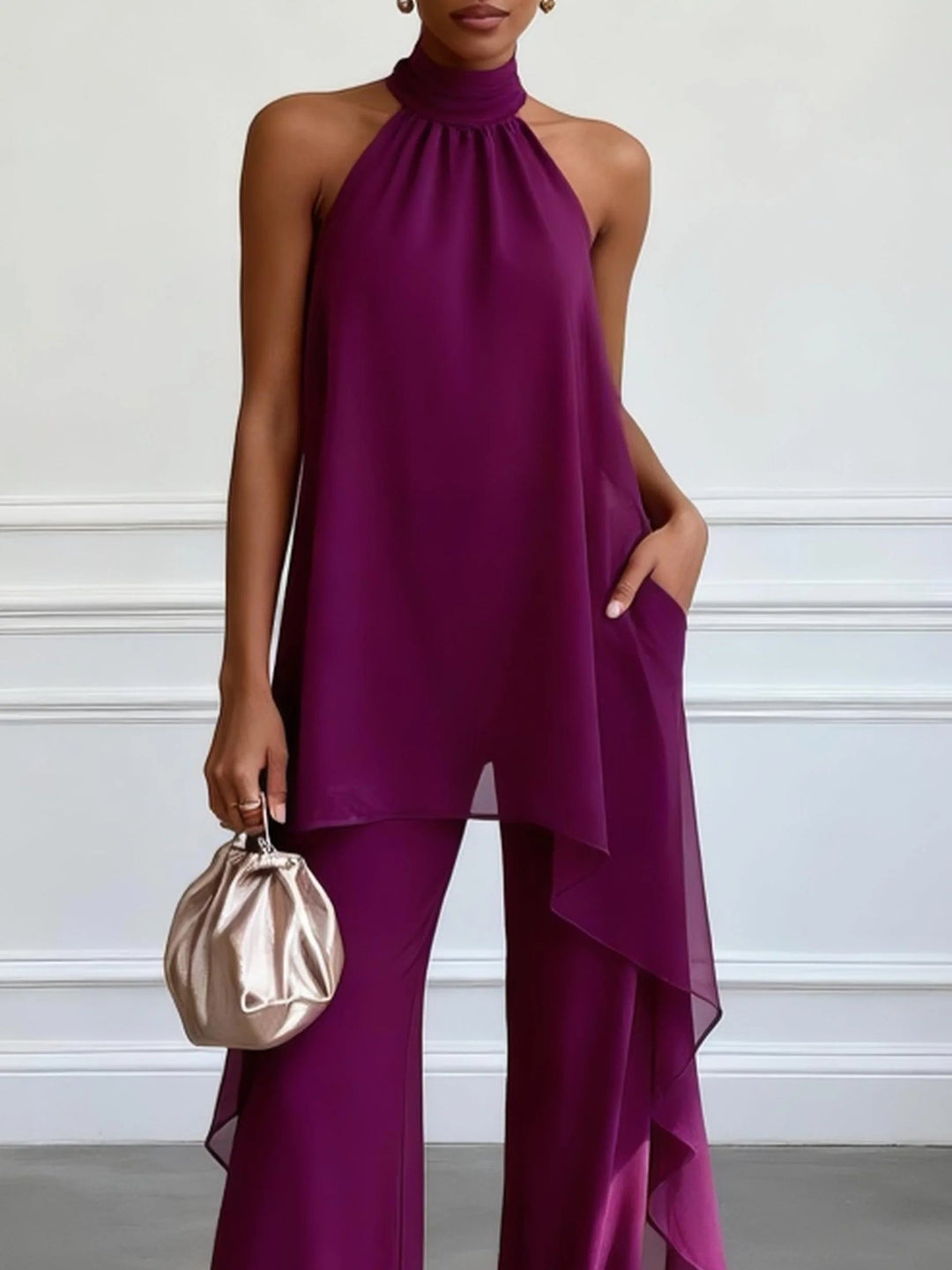 Set di Due Pezzi Elegante con Top Senza Maniche e Pantaloni Viola