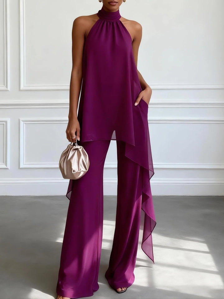 Set di Due Pezzi Elegante con Top Senza Maniche e Pantaloni Viola