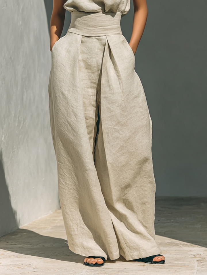Aurora • Set composto da top senza maniche beige in misto cotone-lino finto e pantaloni a gamba larga