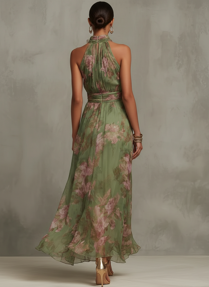 Leah - Abito Maxi in Chiffon Verde con Scollatura a Halter