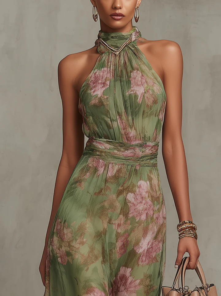 Leah - Abito Maxi in Chiffon Verde con Scollatura a Halter