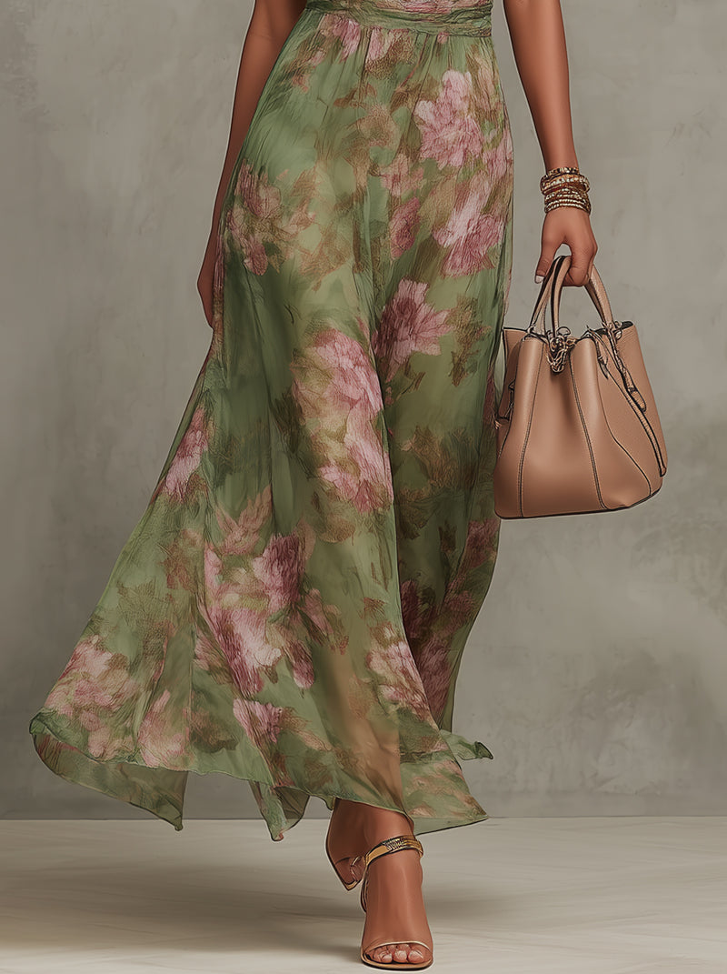 Leah - Abito Maxi in Chiffon Verde con Scollatura a Halter
