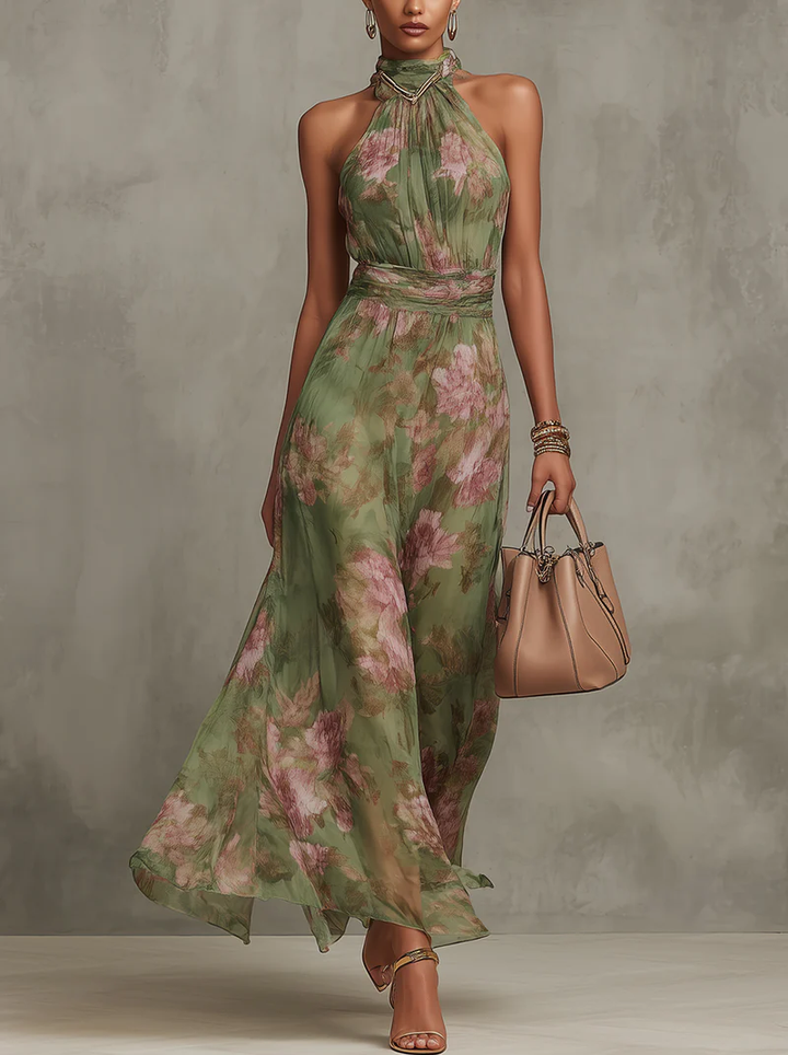 Leah - Abito Maxi in Chiffon Verde con Scollatura a Halter