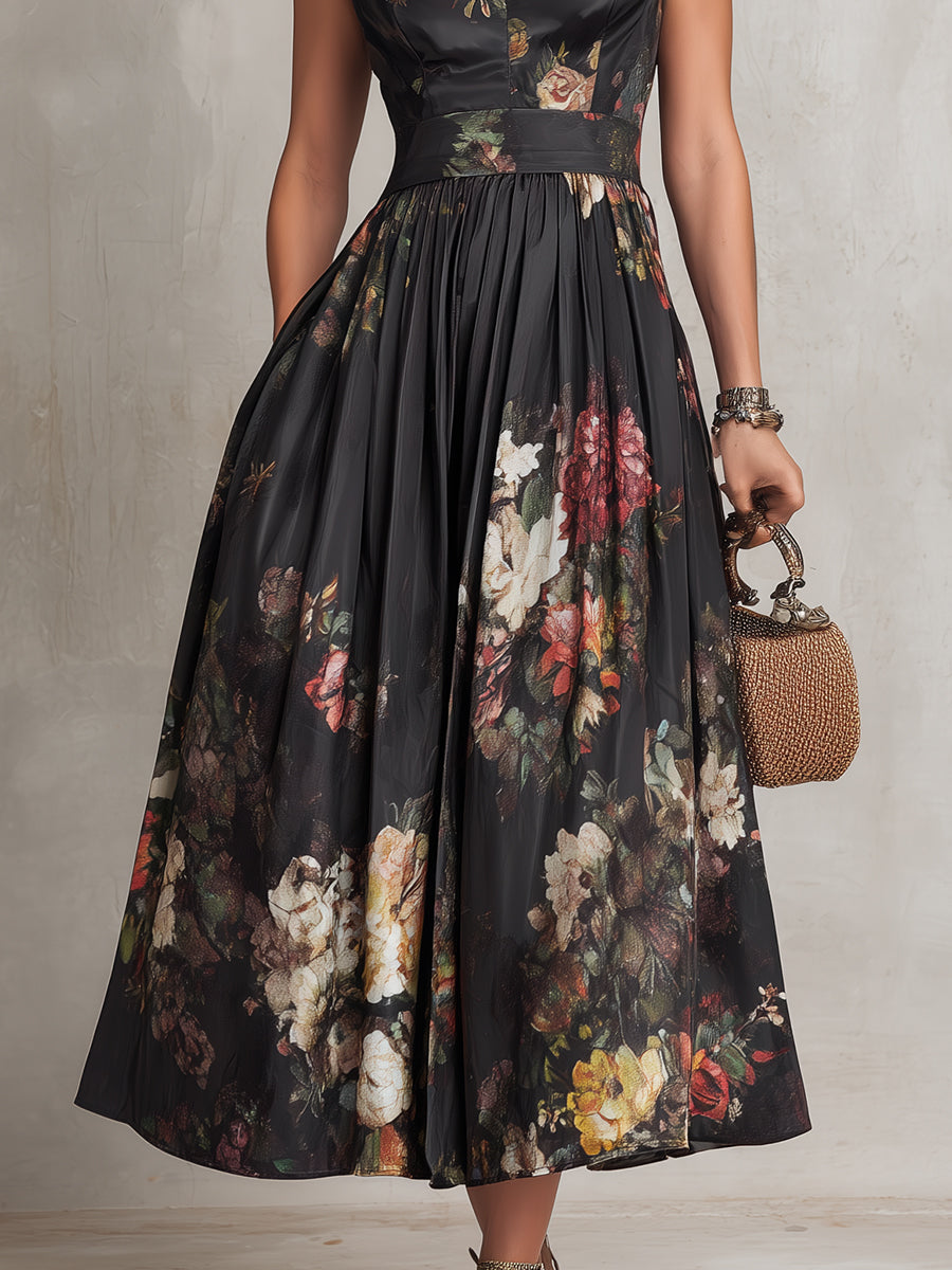 Violetta ¦ Vestito midi nero in raso plissé con motivo floreale e colletto con foro a forma di chiave