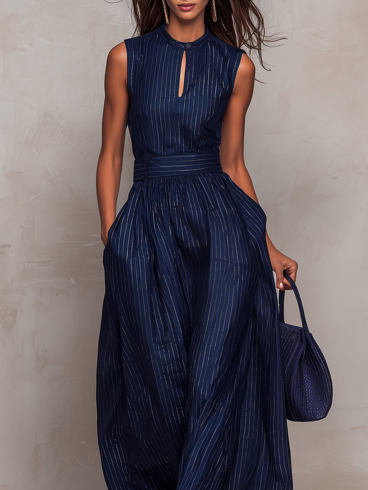 Anna ¦ Tuta blu scuro a righe con scollo a chiave e pantaloni a gamba larga