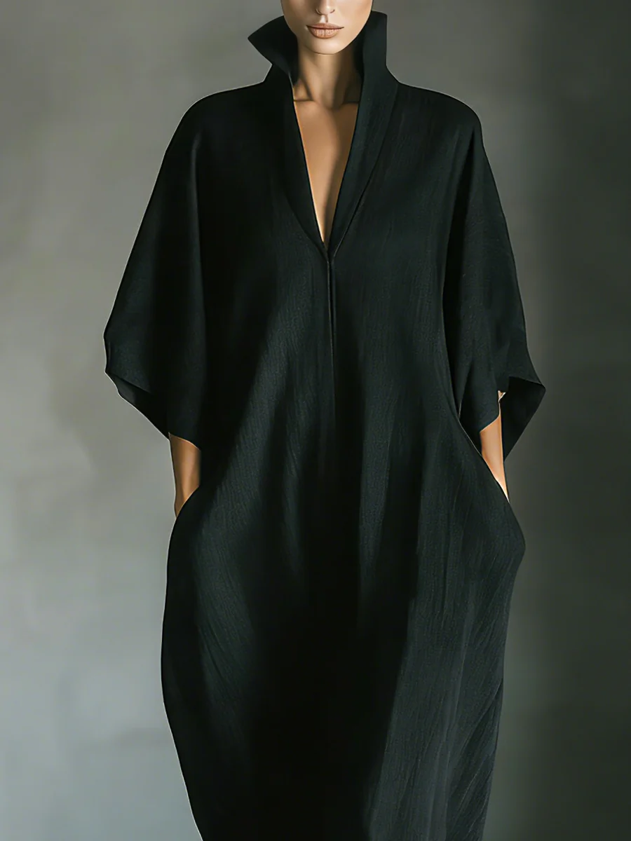 Alessandra • Vestito lungo nero oversize minimalista con maniche a kimono