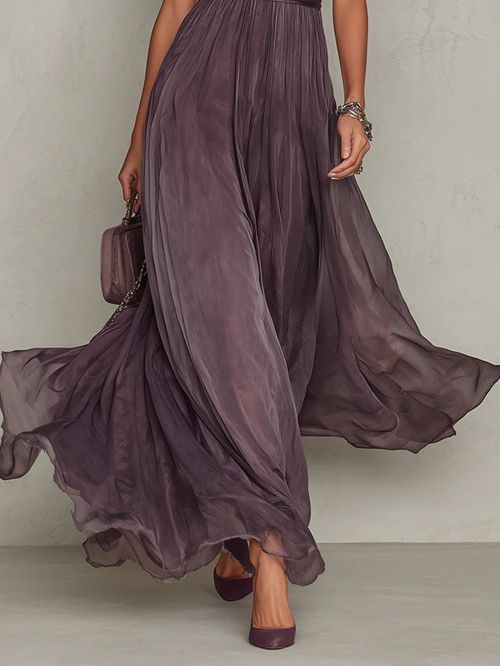 Abito Maxi in Chiffon con Collo a Chiave Viola e Bordo in Pizzo
