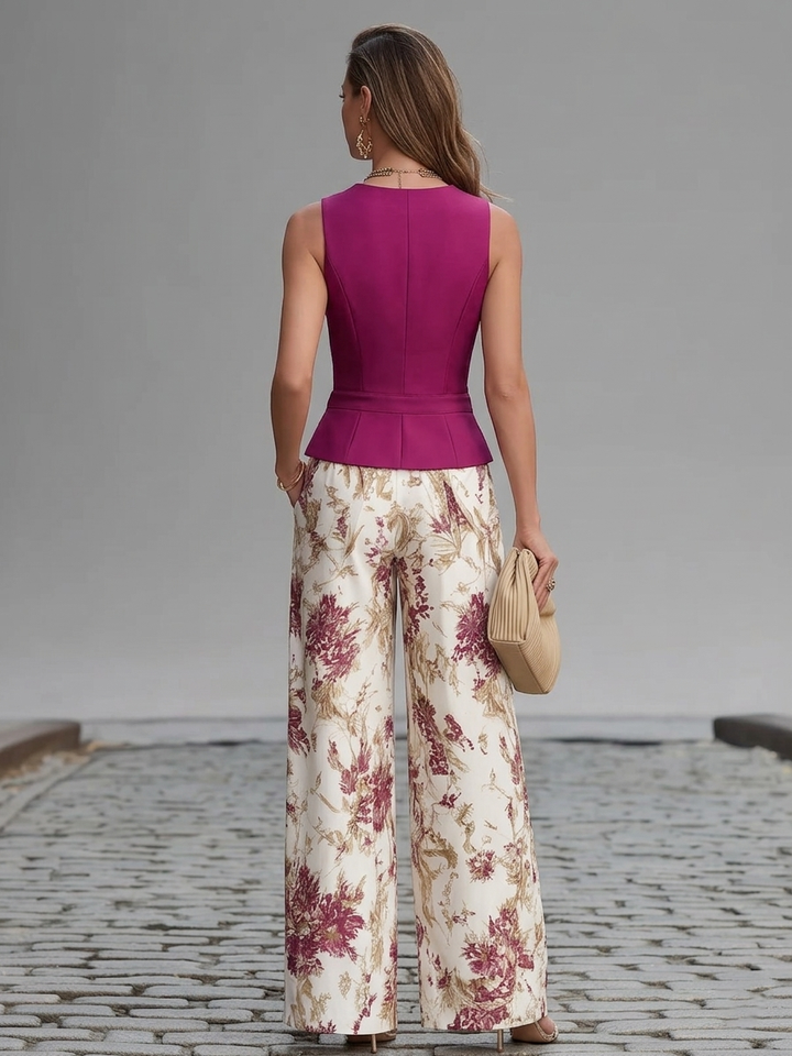 Set di Top Senza Maniche Rosa e Pantaloni a Gamba Larga con Stampa Floreale