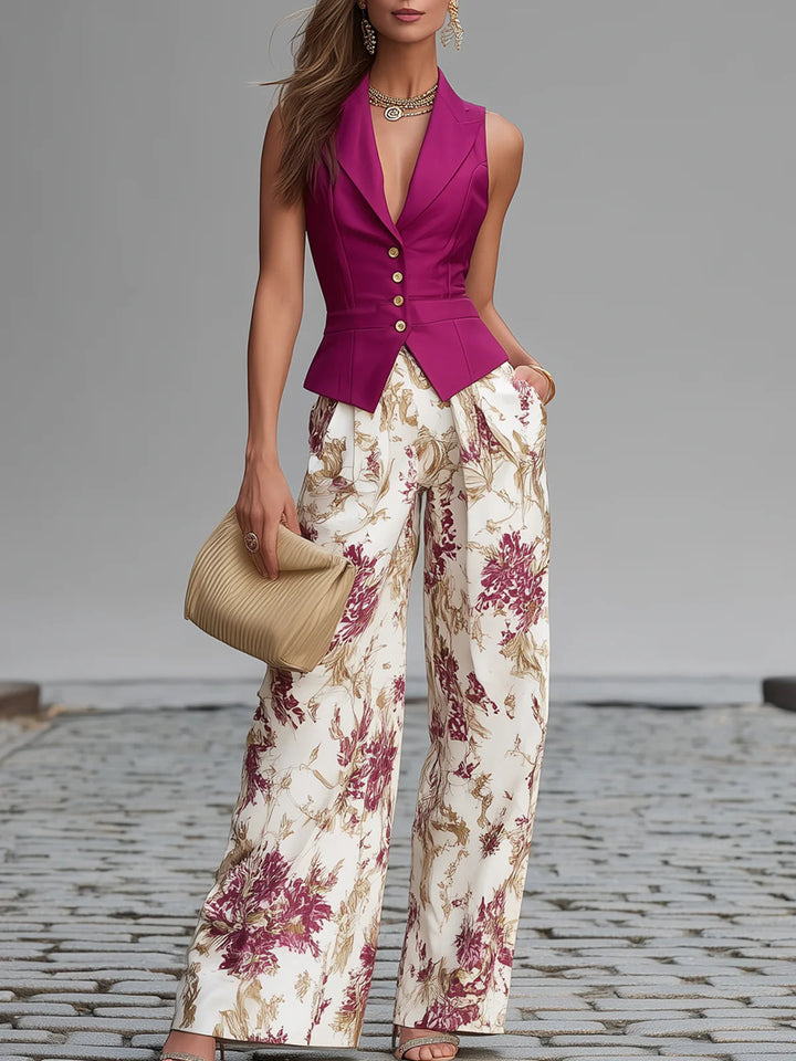 Set di Top Senza Maniche Rosa e Pantaloni a Gamba Larga con Stampa Floreale