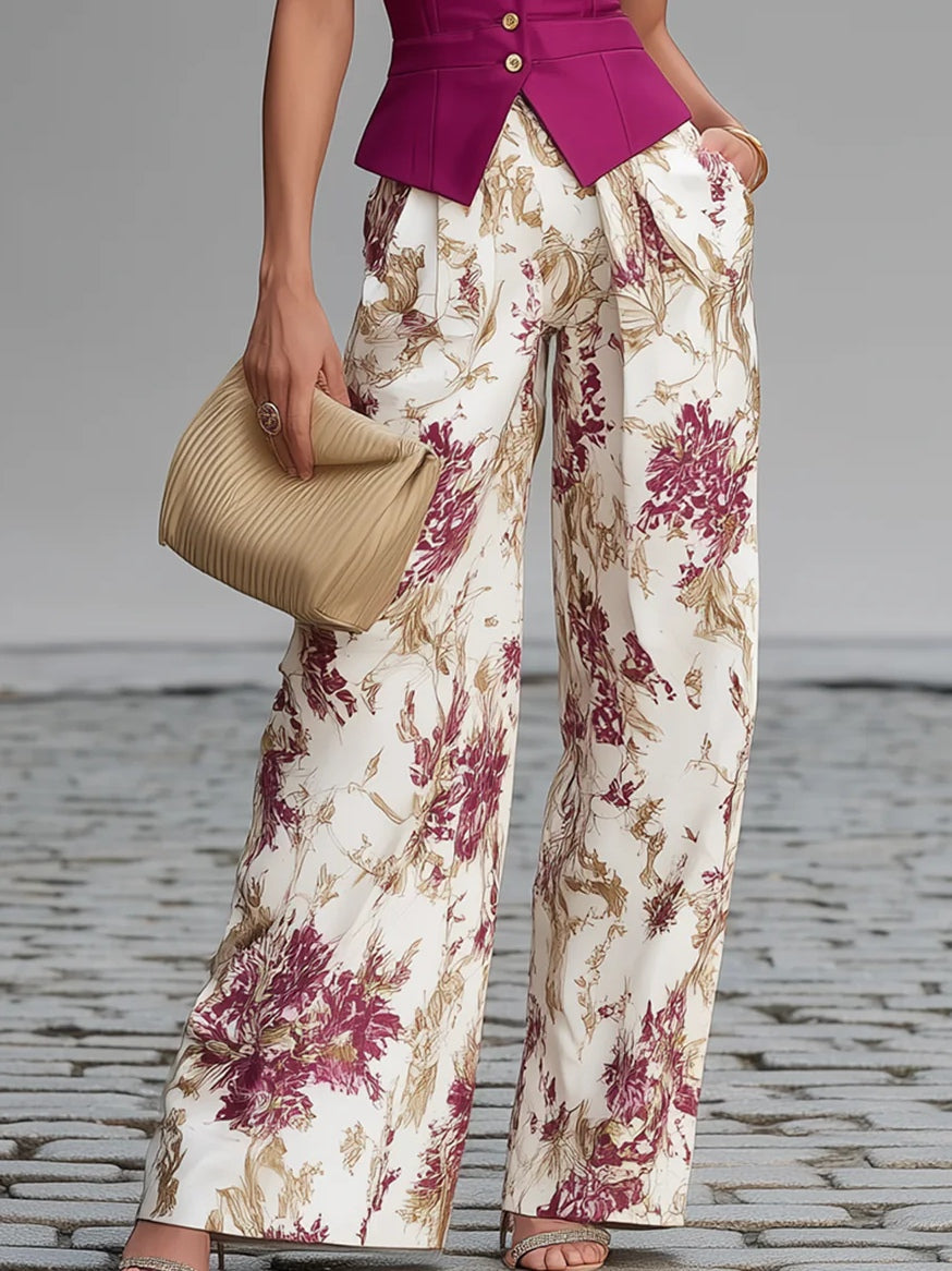 Set di Top Senza Maniche Rosa e Pantaloni a Gamba Larga con Stampa Floreale