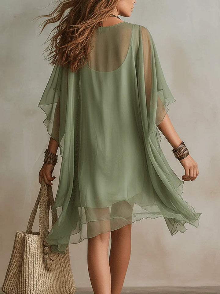 Smeraldo | Mini Abito Fluttuante Sovrapposto, Collo a V Verde