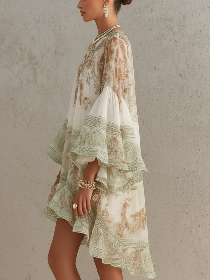 Rosalie | Abito Mini in Mousseline con Maniche Volantate e Orlo Striato Verde