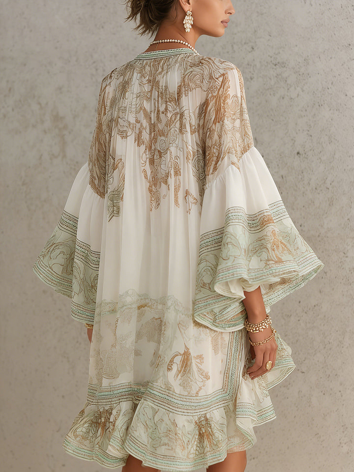 Abito Mini in Chiffon con Maniche a Volant e Orlo Ruffles Verde