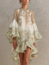 Abito Mini in Chiffon con Maniche a Volant e Orlo Ruffles Verde